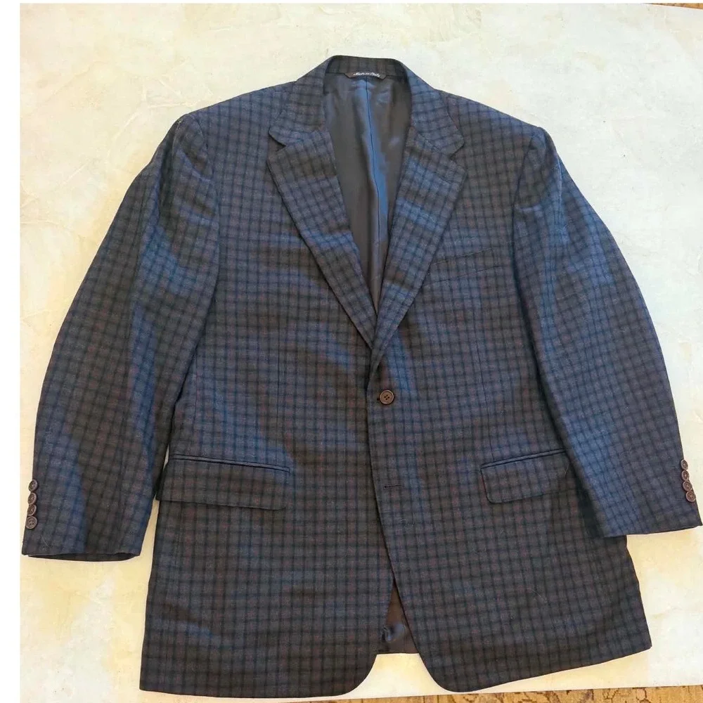 Canali Mens Cashmere Lana Wool Plaid Sport Coat Blazer Made in Italy Brown Blue